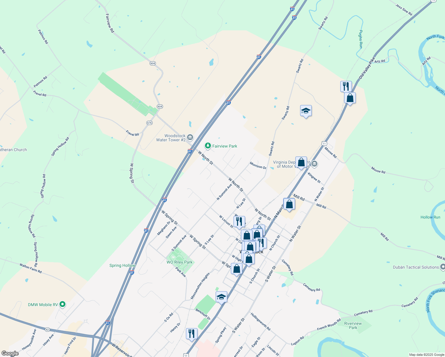 map of restaurants, bars, coffee shops, grocery stores, and more near 621 West North Street in Woodstock