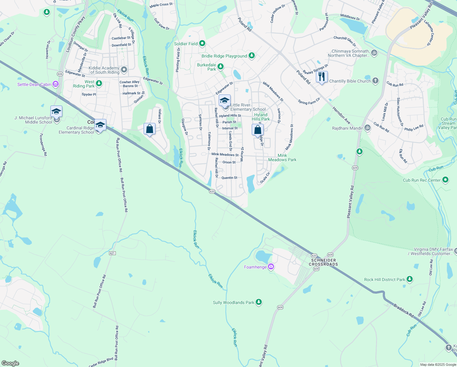 map of restaurants, bars, coffee shops, grocery stores, and more near 26211 Lands End Drive in Chantilly