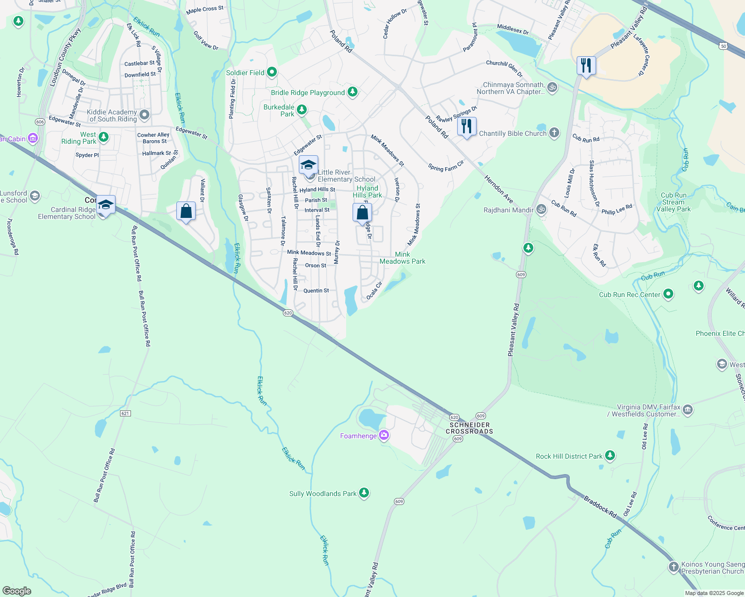 map of restaurants, bars, coffee shops, grocery stores, and more near 26262 Ocala Circle in Chantilly