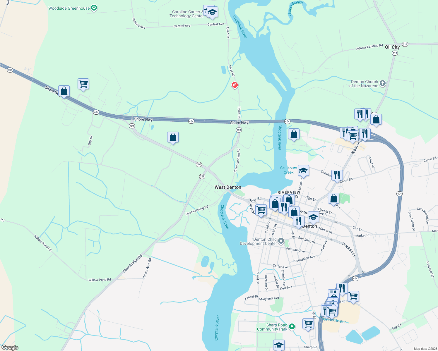 map of restaurants, bars, coffee shops, grocery stores, and more near 24880 Meeting House Rd in Denton