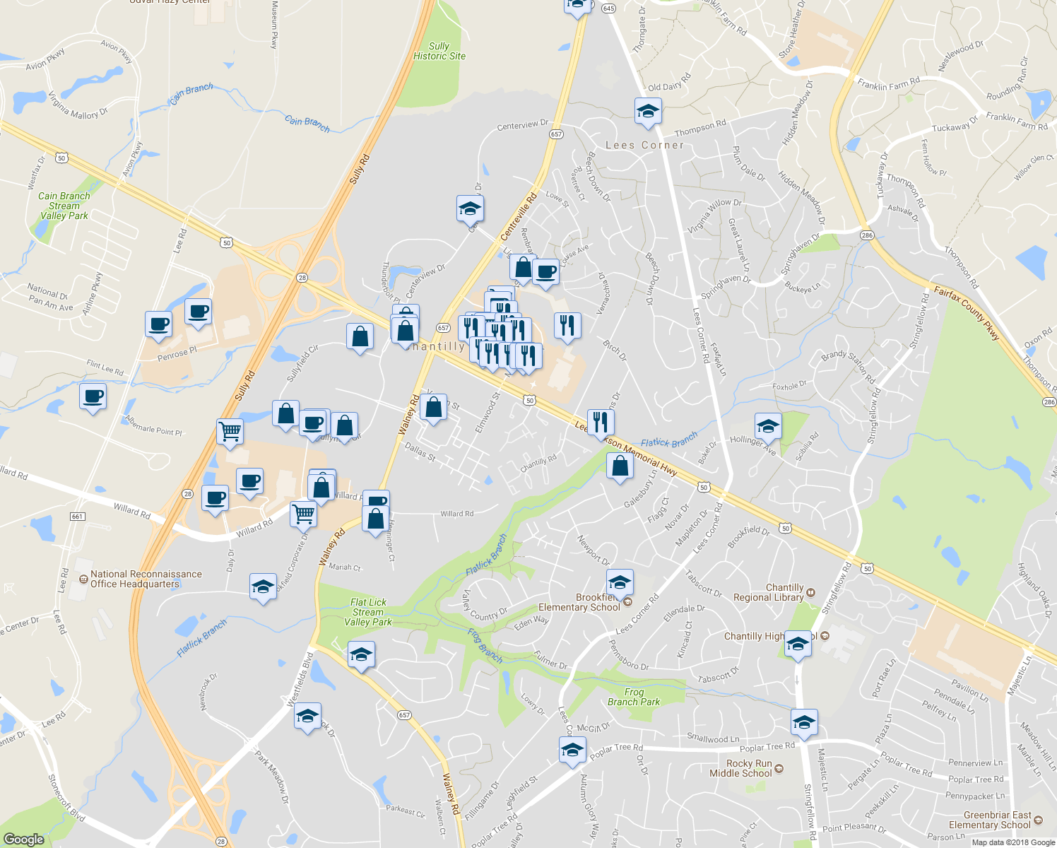 map of restaurants, bars, coffee shops, grocery stores, and more near 4103 Meadowland Court in Chantilly