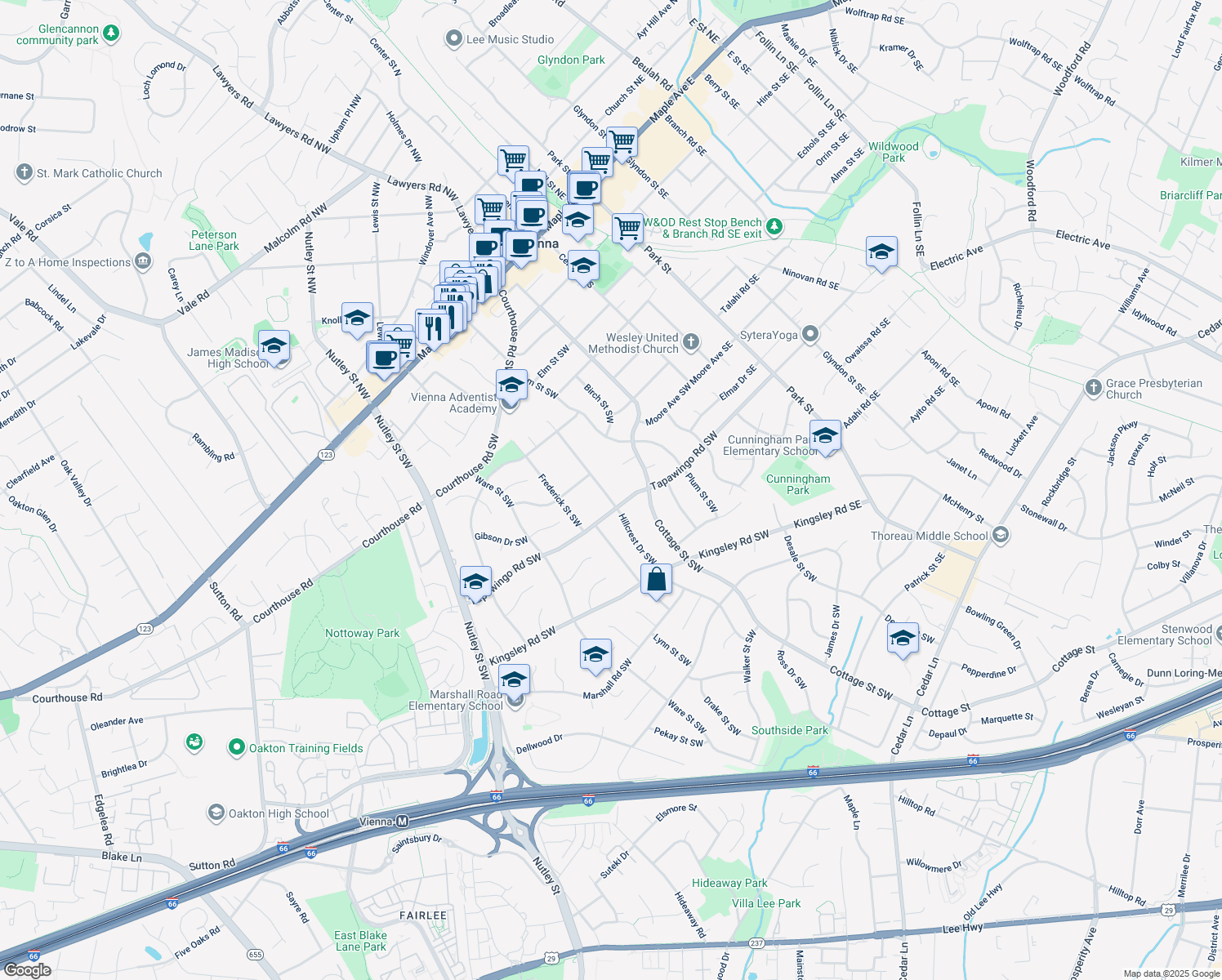 map of restaurants, bars, coffee shops, grocery stores, and more near 717 Hillcrest Drive Southwest in Vienna