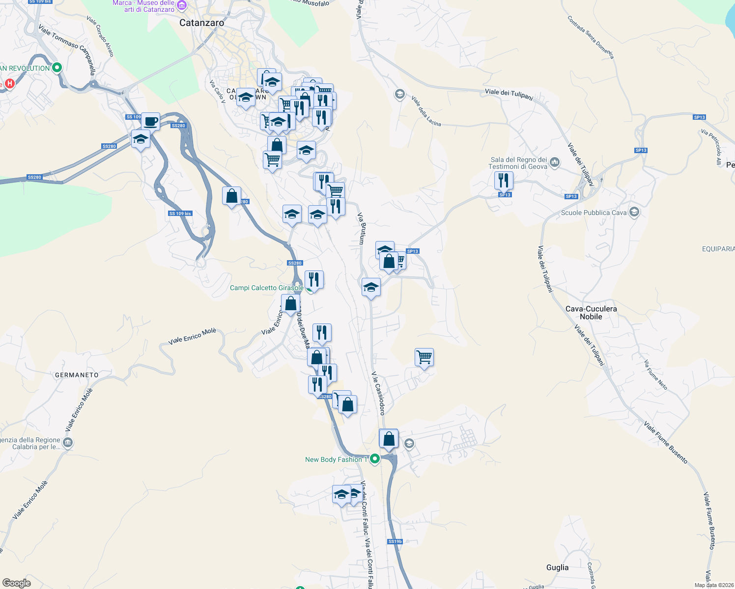 map of restaurants, bars, coffee shops, grocery stores, and more near 71 Viale degli Angioini in Catanzaro