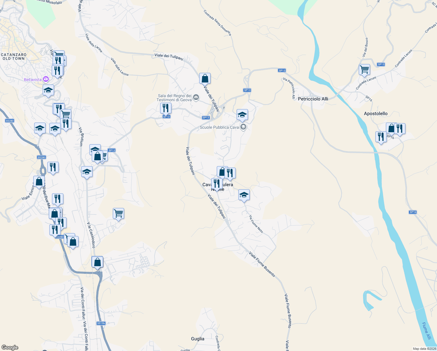 map of restaurants, bars, coffee shops, grocery stores, and more near 144 Viale Fiume Busento in Cava-cuculera Nobile