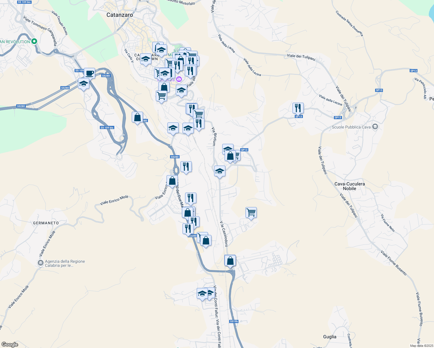 map of restaurants, bars, coffee shops, grocery stores, and more near 63 Viale degli Angioini in Catanzaro