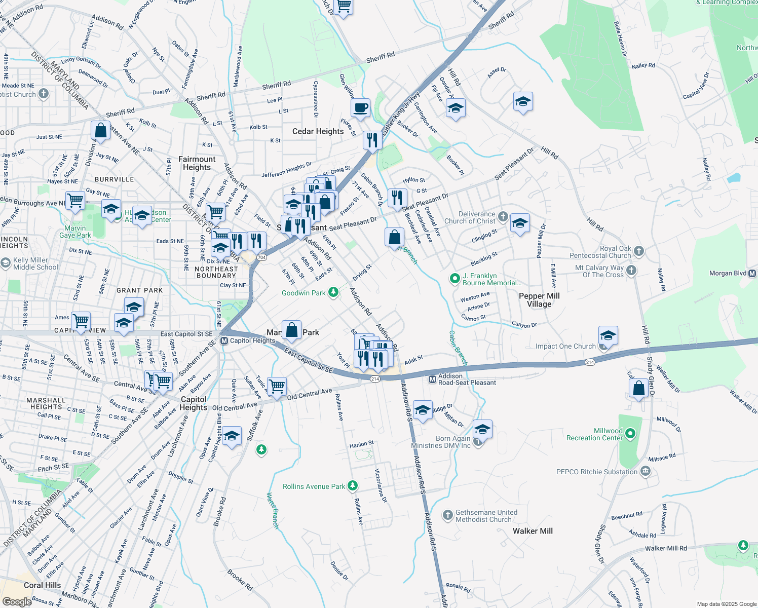 map of restaurants, bars, coffee shops, grocery stores, and more near 6116 Addison Rd in Capitol Heights