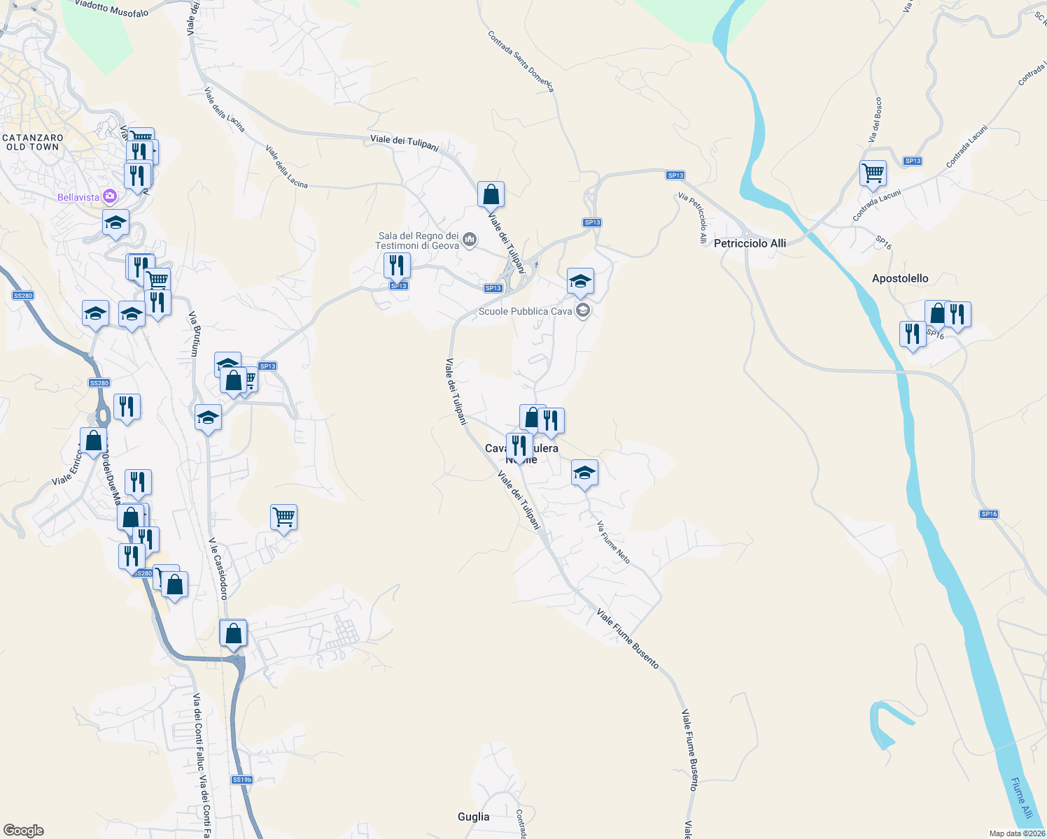 map of restaurants, bars, coffee shops, grocery stores, and more near 144 Viale Fiume Busento in Cava-cuculera Nobile
