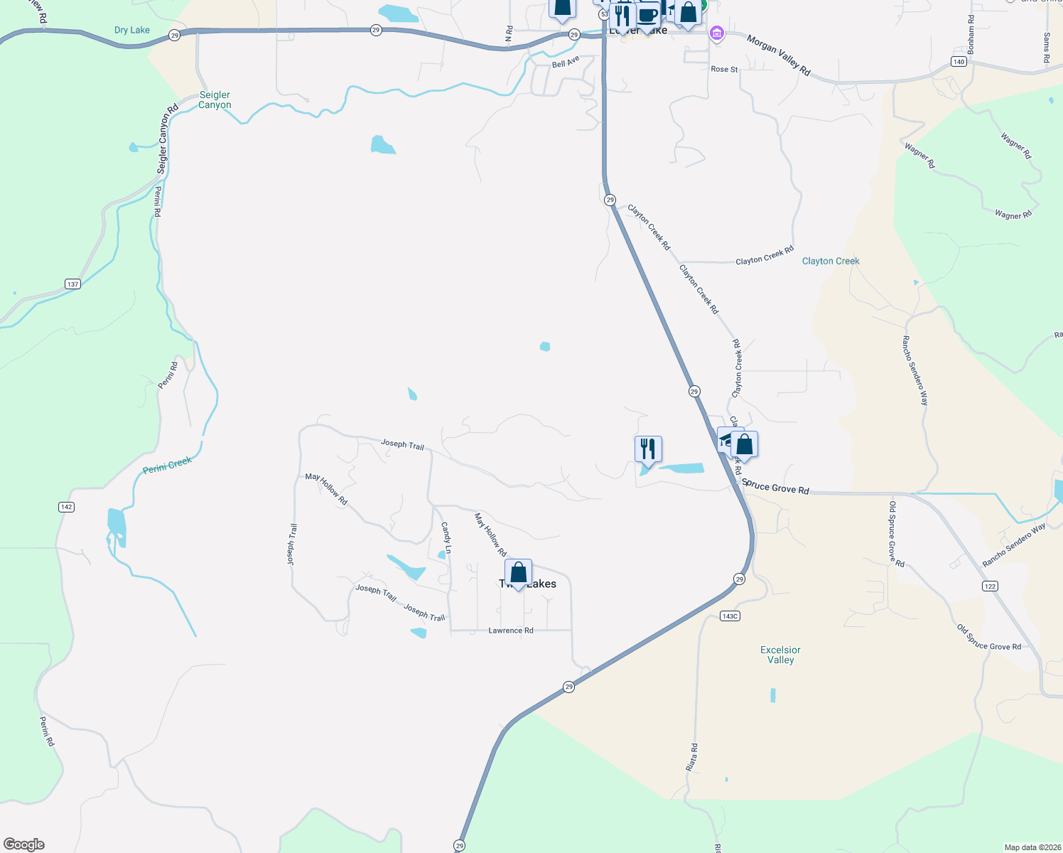 map of restaurants, bars, coffee shops, grocery stores, and more near 15937 Joseph Trail in Lower Lake