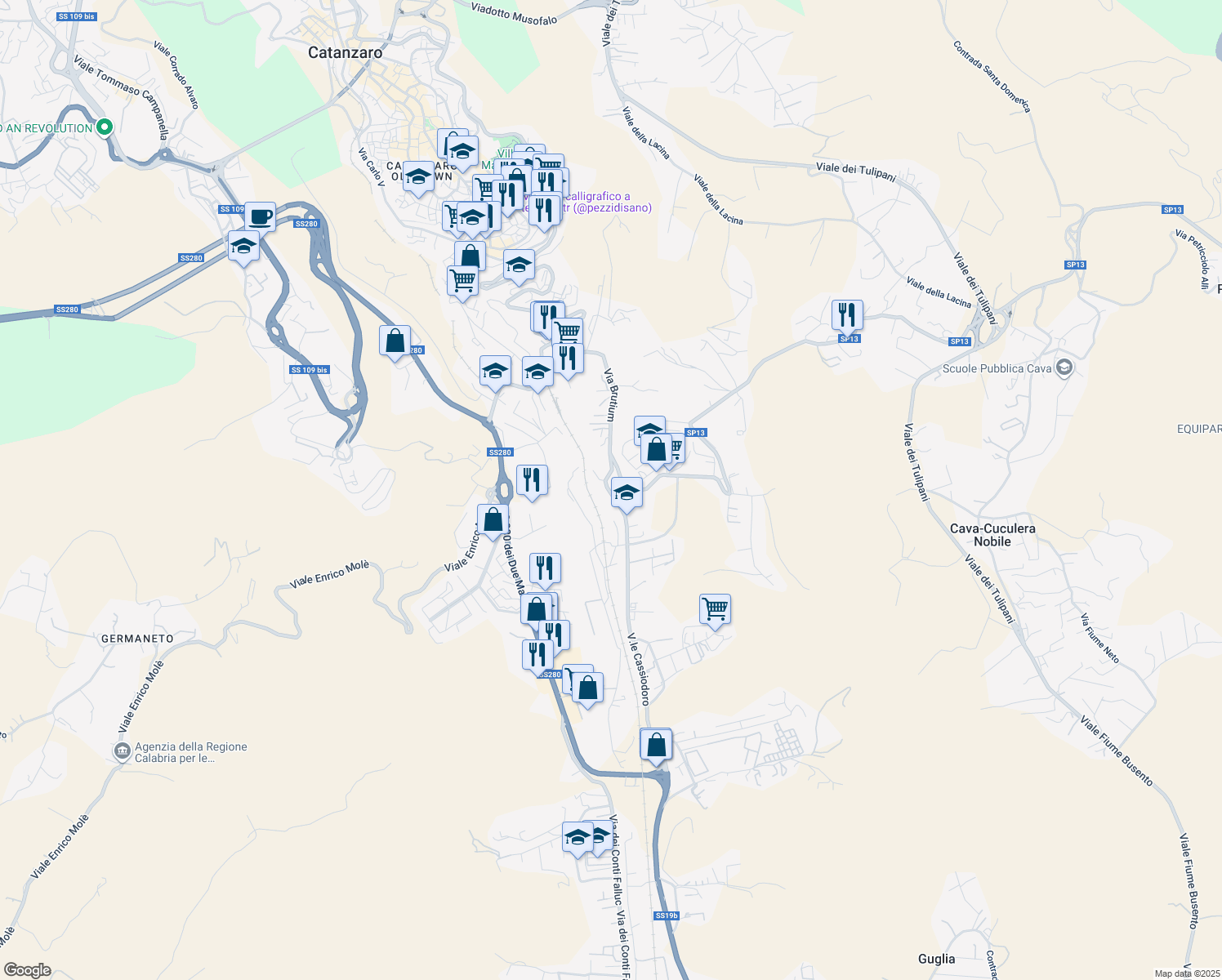 map of restaurants, bars, coffee shops, grocery stores, and more near 63 Viale degli Angioini in Catanzaro
