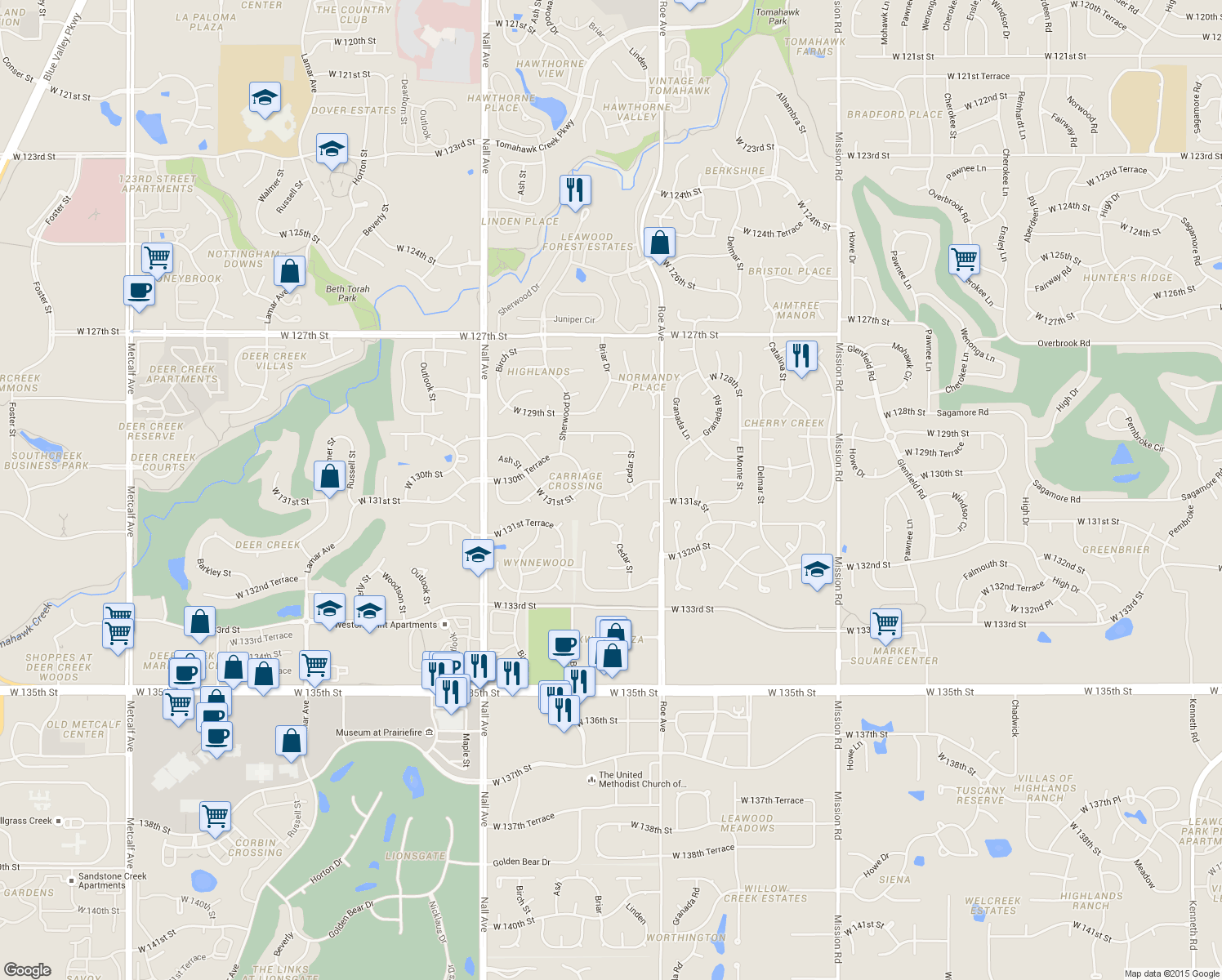 map of restaurants, bars, coffee shops, grocery stores, and more near 4952 West 130th Terrace in Leawood