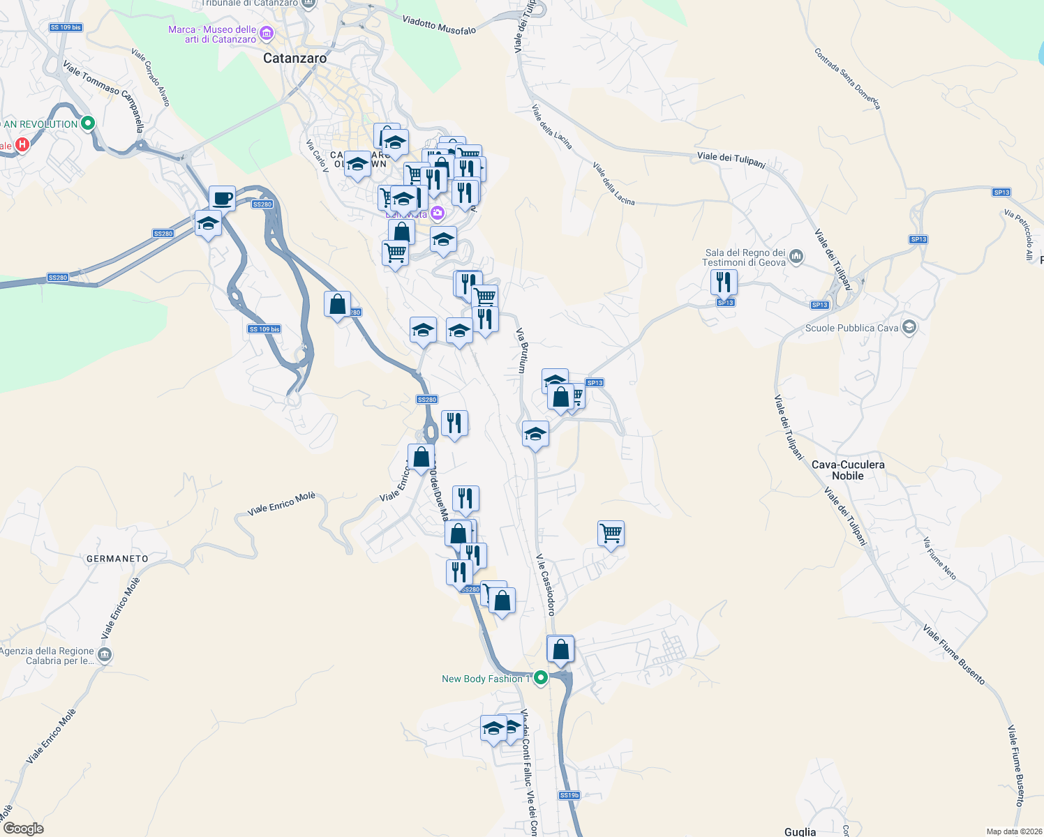map of restaurants, bars, coffee shops, grocery stores, and more near 71 Viale degli Angioini in Catanzaro