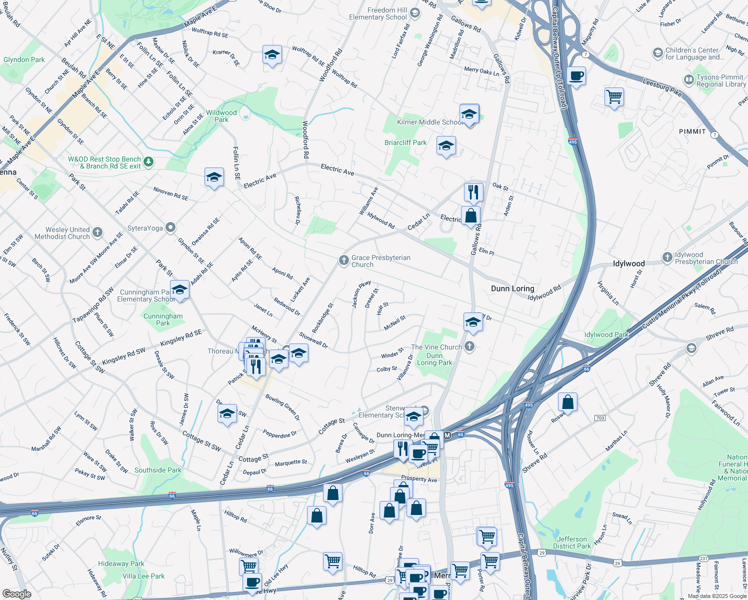 map of restaurants, bars, coffee shops, grocery stores, and more near 2409 Drexel Street in Vienna
