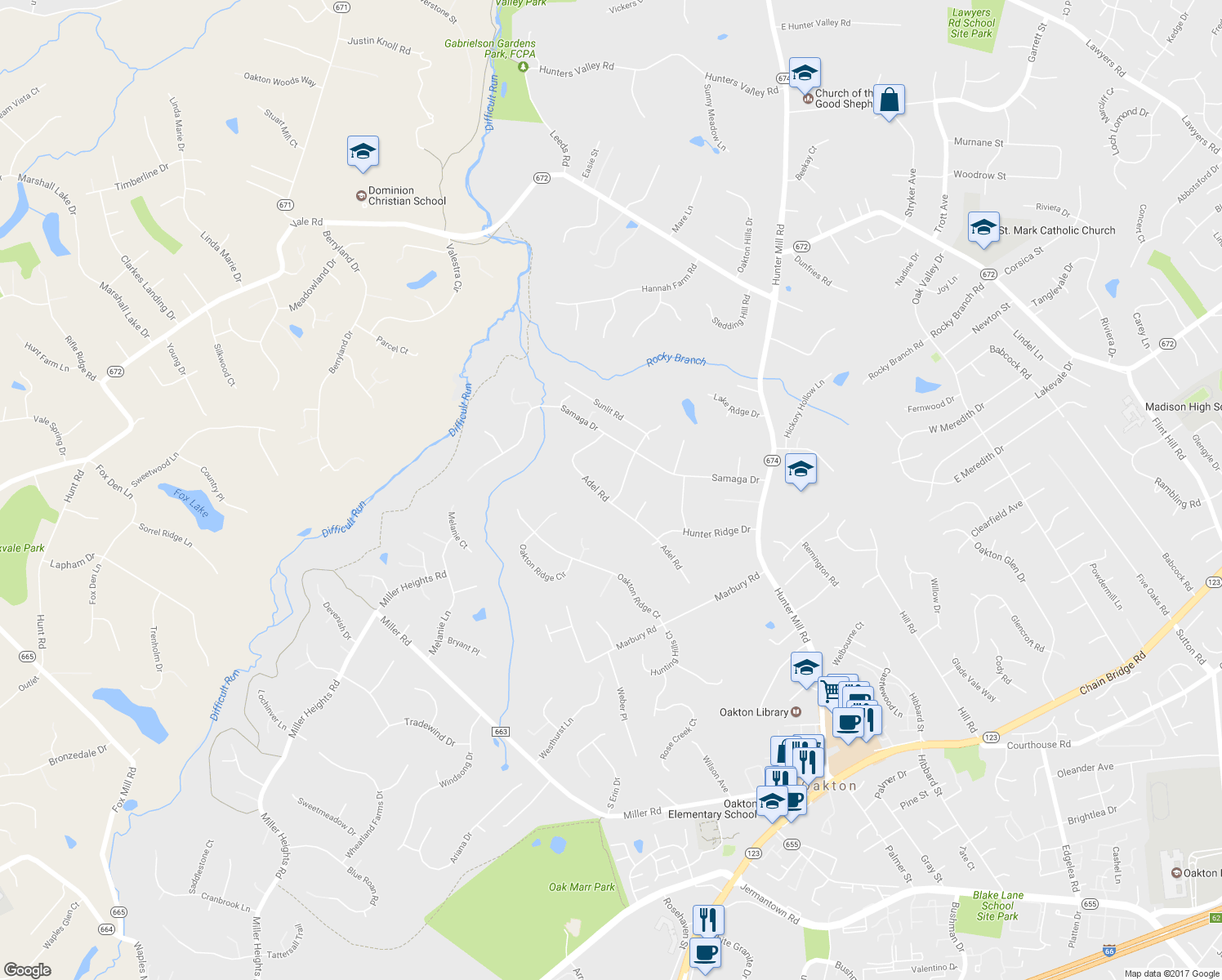 map of restaurants, bars, coffee shops, grocery stores, and more near 2806 Chariton Street in Oakton