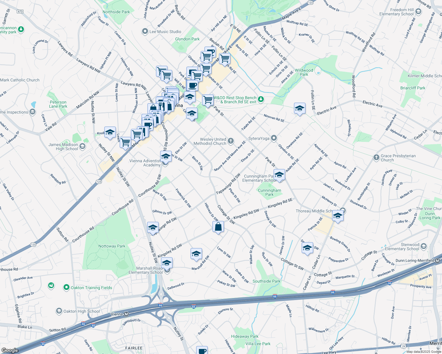 map of restaurants, bars, coffee shops, grocery stores, and more near 809 Plum Street Southwest in Vienna