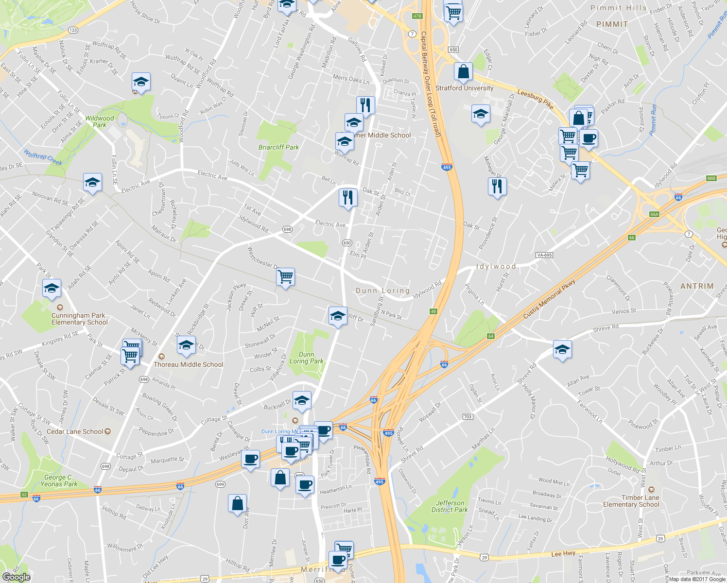 map of restaurants, bars, coffee shops, grocery stores, and more near 2404 North Park Court in Dunn Loring