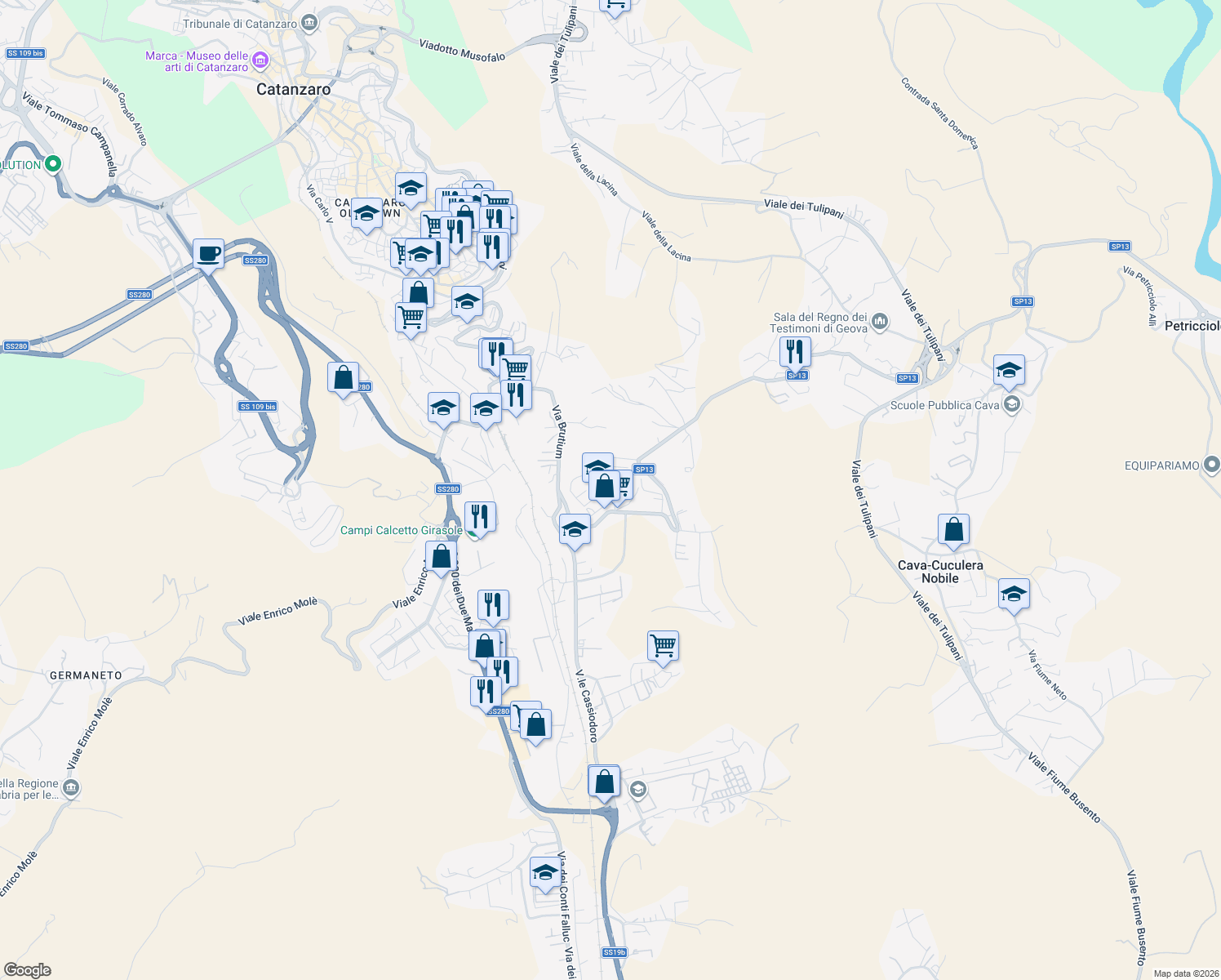 map of restaurants, bars, coffee shops, grocery stores, and more near 7 Traversa Francesco Jerace in Catanzaro