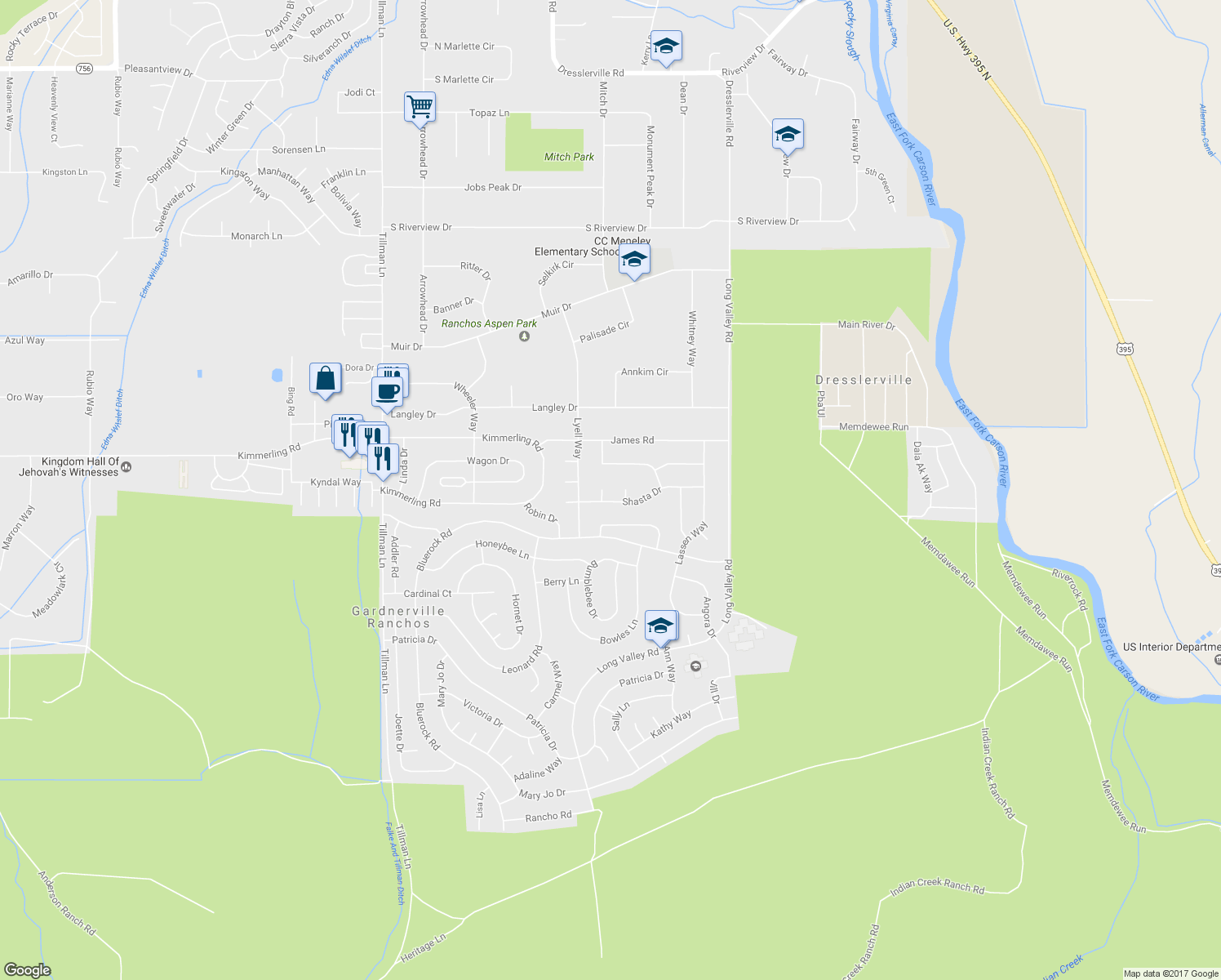 map of restaurants, bars, coffee shops, grocery stores, and more near 757 Harley Court in Gardnerville