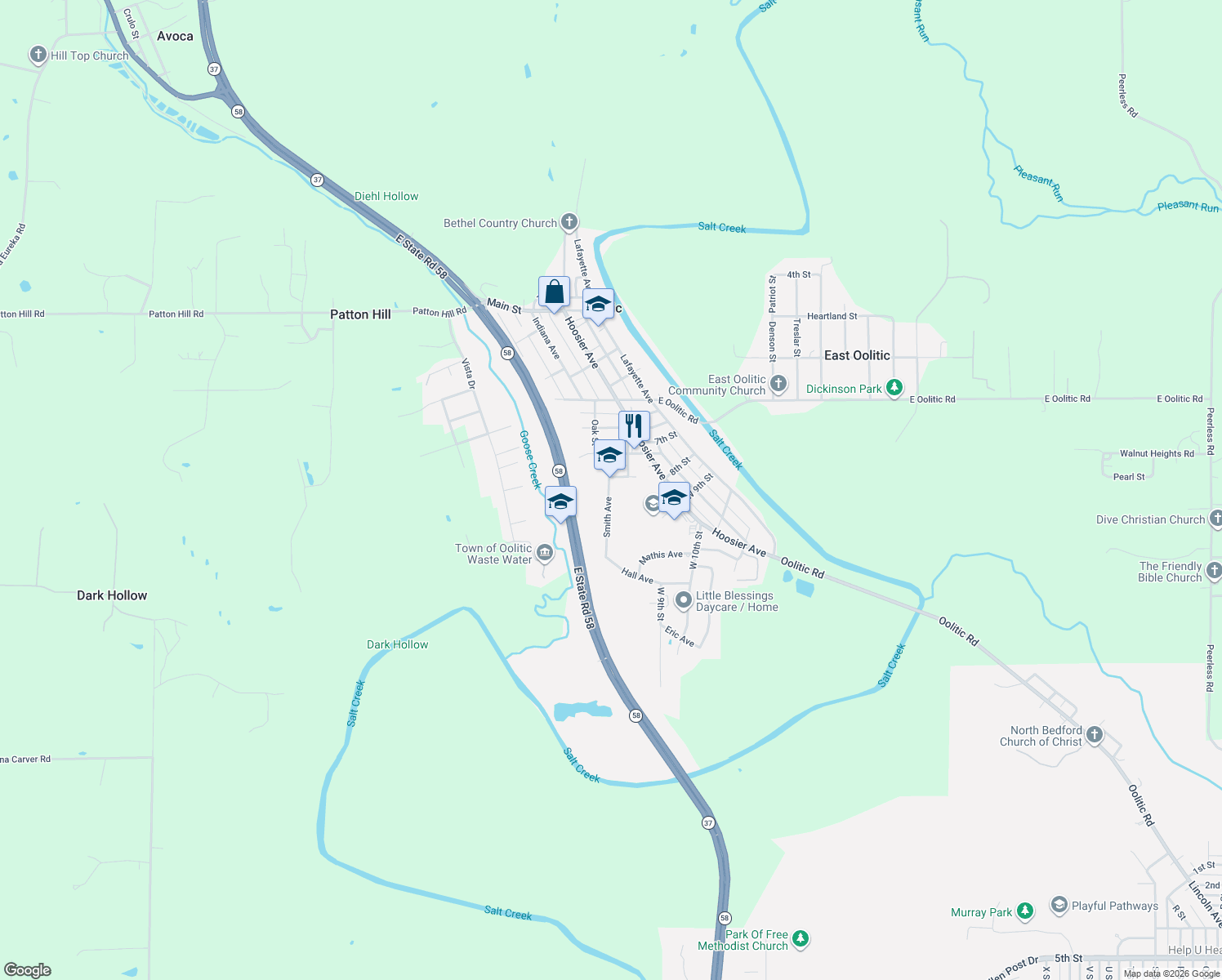map of restaurants, bars, coffee shops, grocery stores, and more near 806 Harold Smith Rd in Oolitic