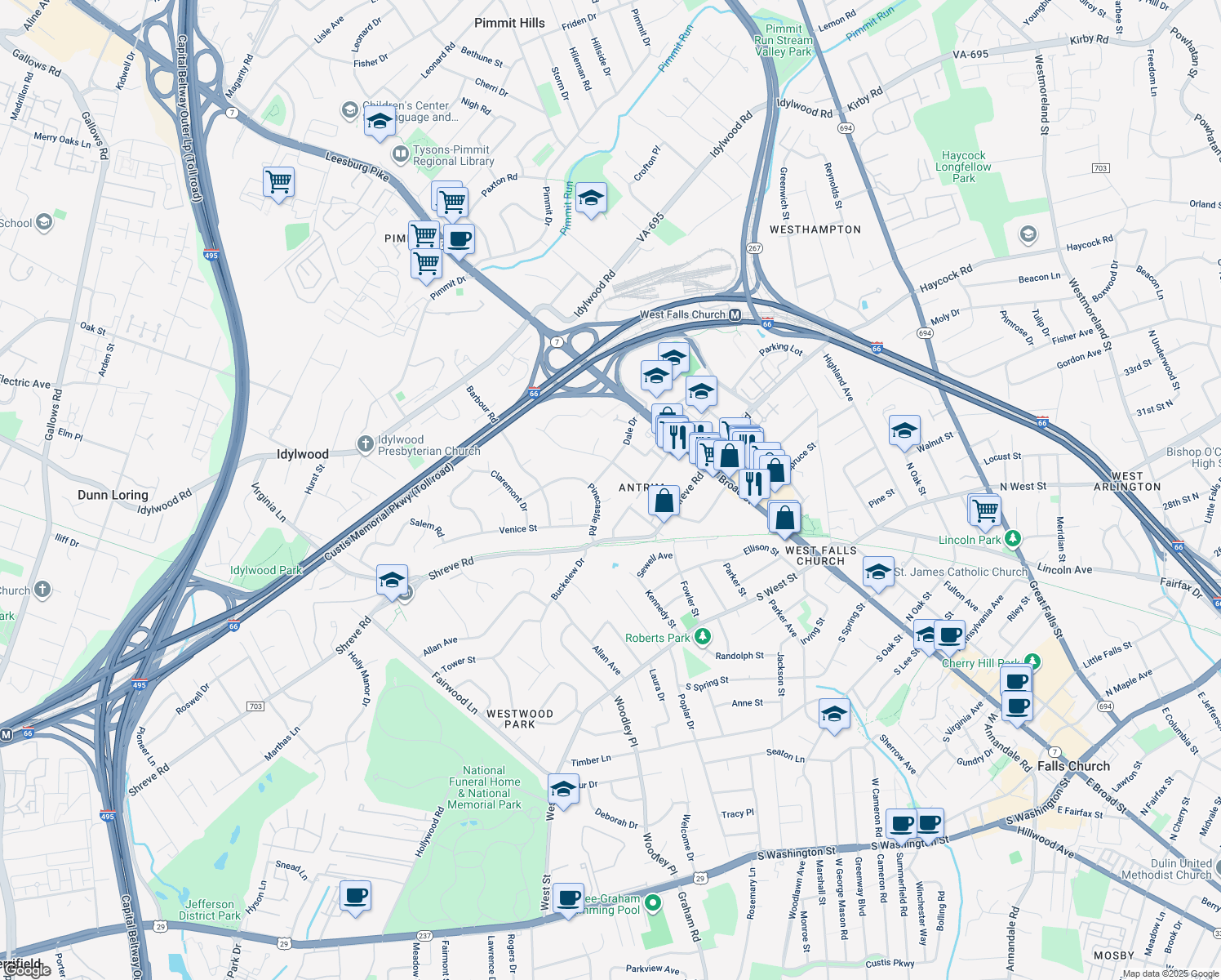 map of restaurants, bars, coffee shops, grocery stores, and more near 7210 Deerfield Court in Falls Church