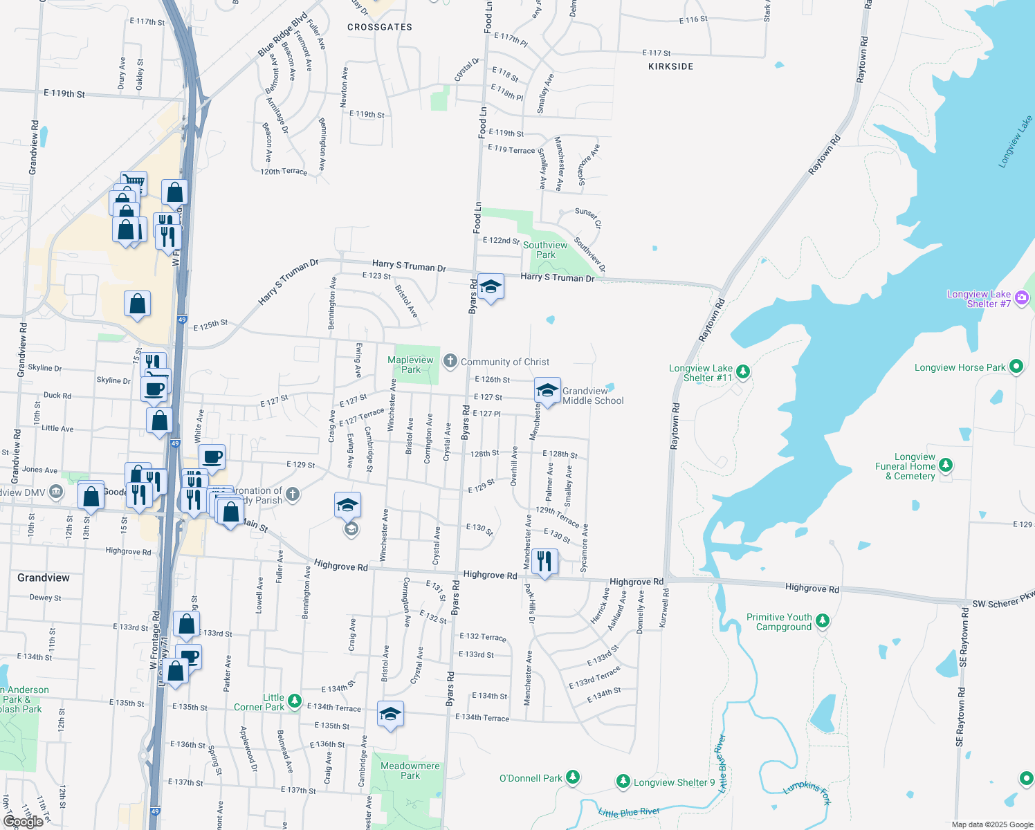 map of restaurants, bars, coffee shops, grocery stores, and more near 7705 East 127 Place in Grandview