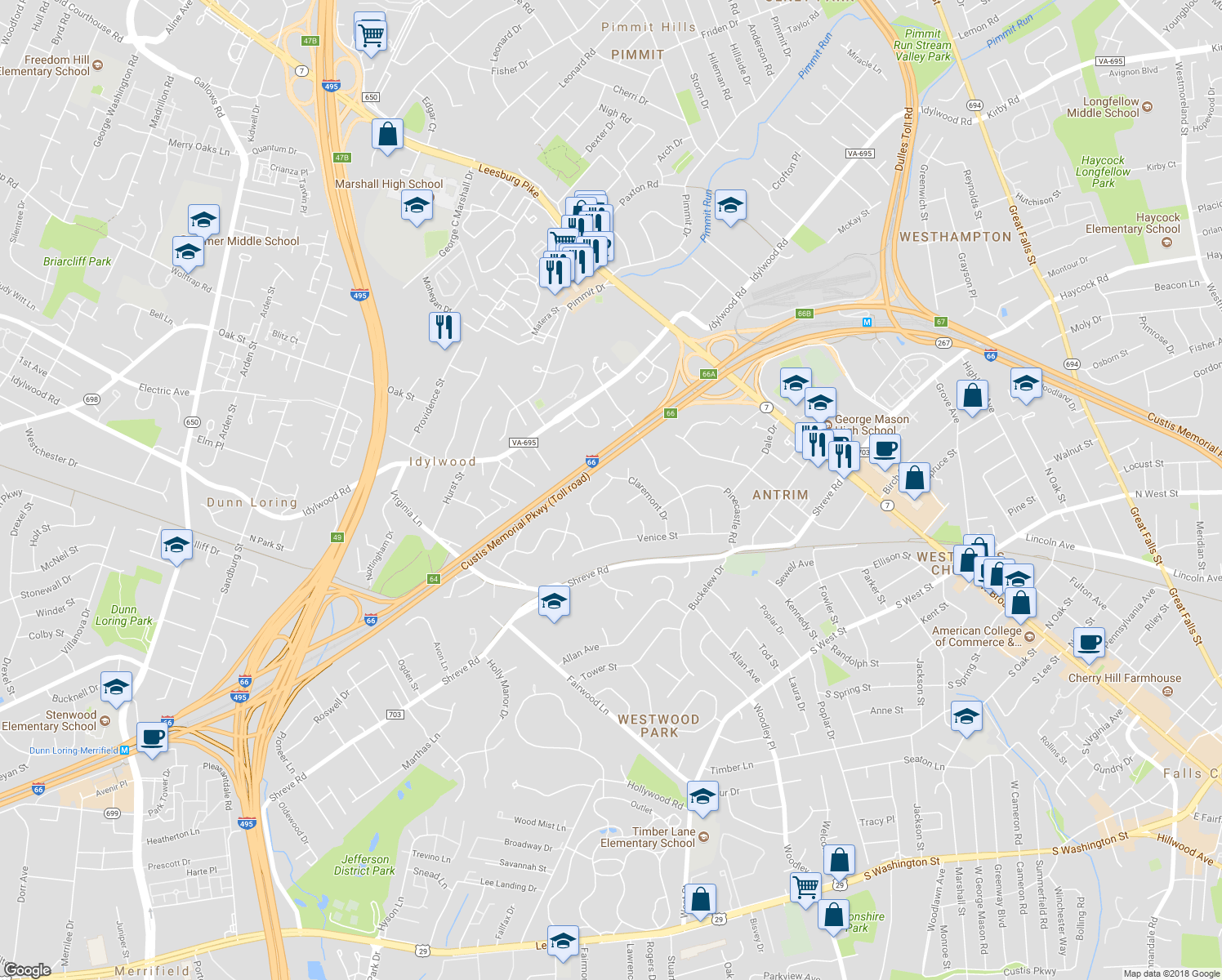 map of restaurants, bars, coffee shops, grocery stores, and more near 2403 Lexington Road in Falls Church