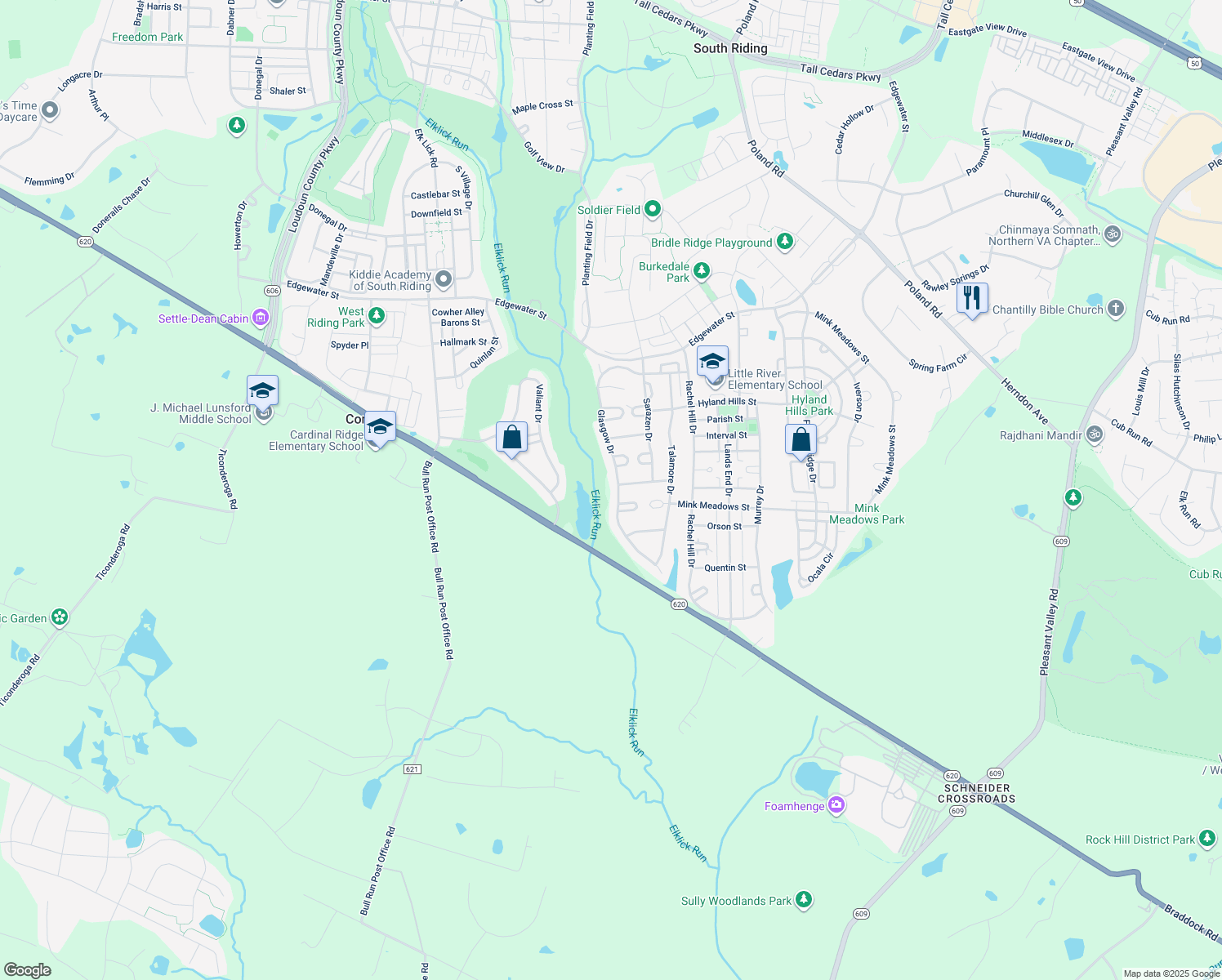 map of restaurants, bars, coffee shops, grocery stores, and more near 26115 Glasgow Drive in Chantilly