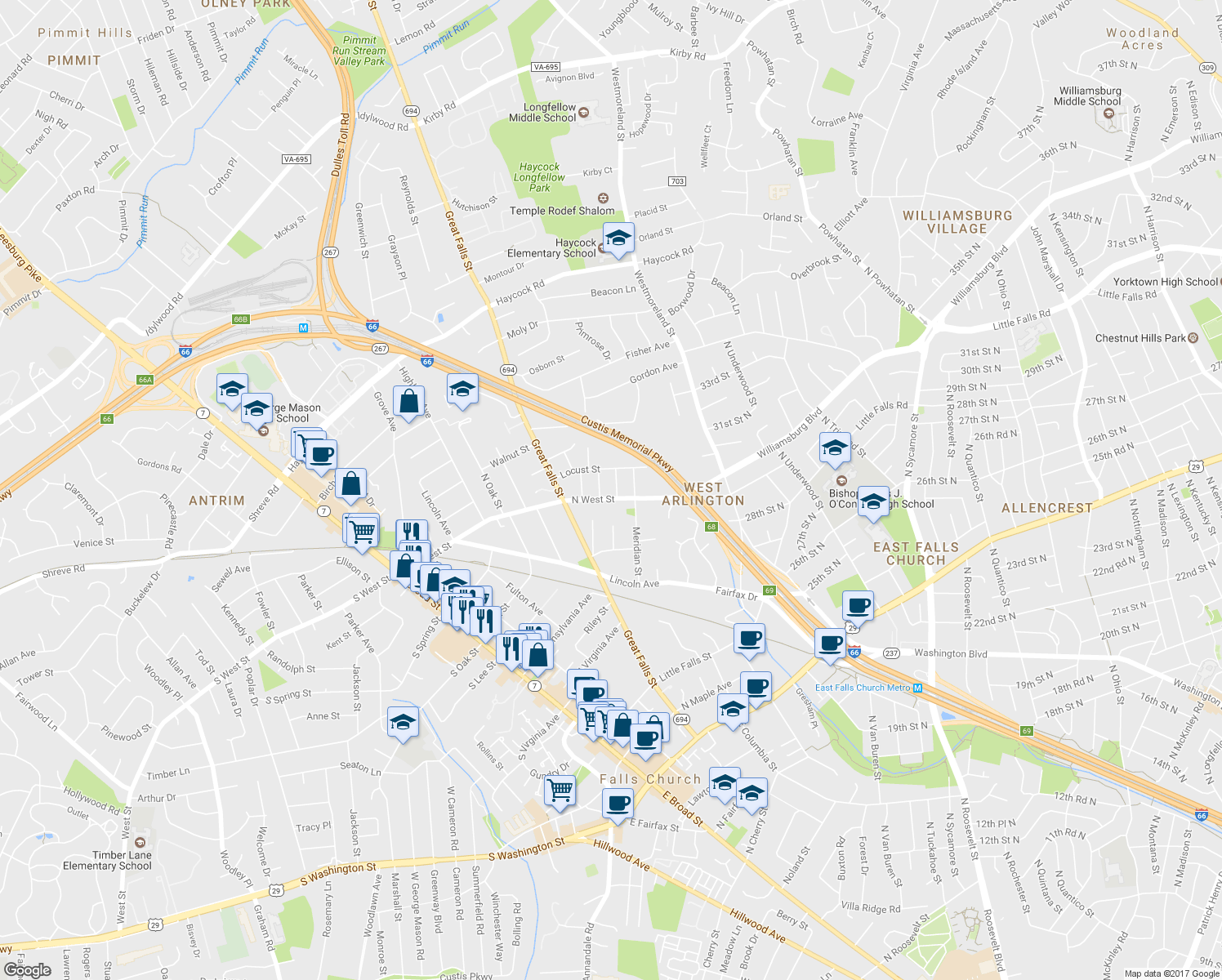 map of restaurants, bars, coffee shops, grocery stores, and more near 2356 Dunbar Lane in Falls Church