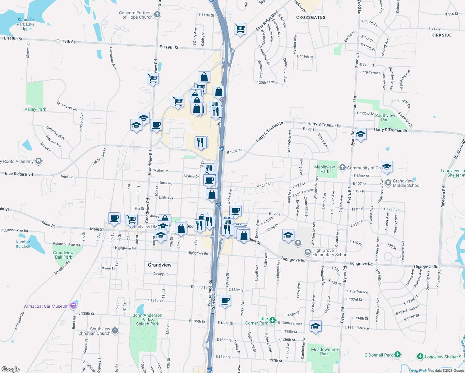 map of restaurants, bars, coffee shops, grocery stores, and more near 6016 127th Street in Grandview