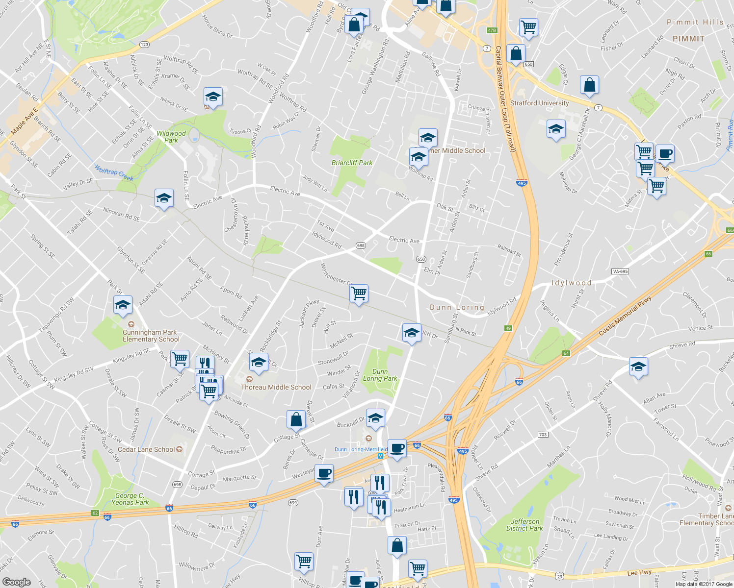 map of restaurants, bars, coffee shops, grocery stores, and more near 8217 Westchester Drive in Vienna