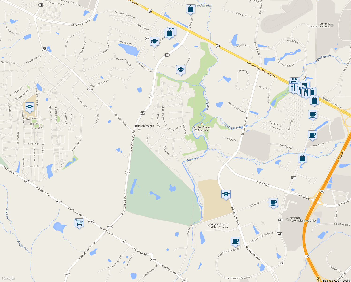 map of restaurants, bars, coffee shops, grocery stores, and more near 4517 Samuels Pine Road in Chantilly