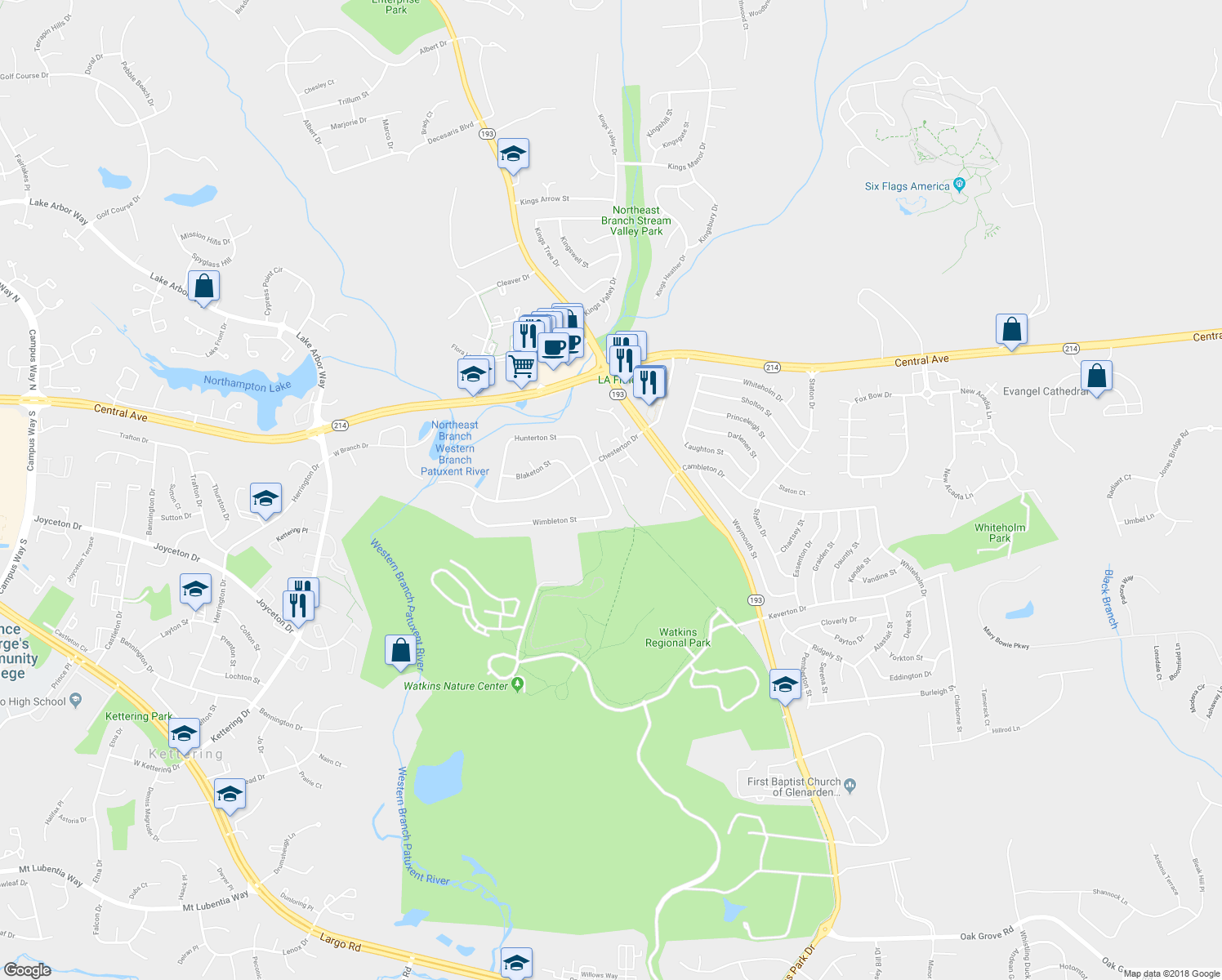 map of restaurants, bars, coffee shops, grocery stores, and more near 12215 Wimbleton Street in Upper Marlboro