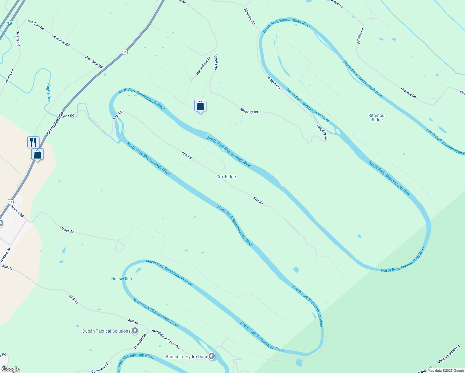 map of restaurants, bars, coffee shops, grocery stores, and more near 1587 Artz Road in Woodstock