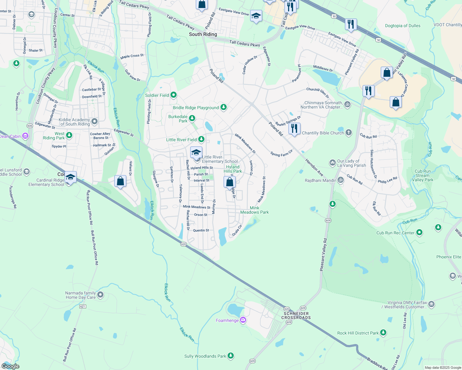 map of restaurants, bars, coffee shops, grocery stores, and more near 26105 Springdale Drive in Chantilly