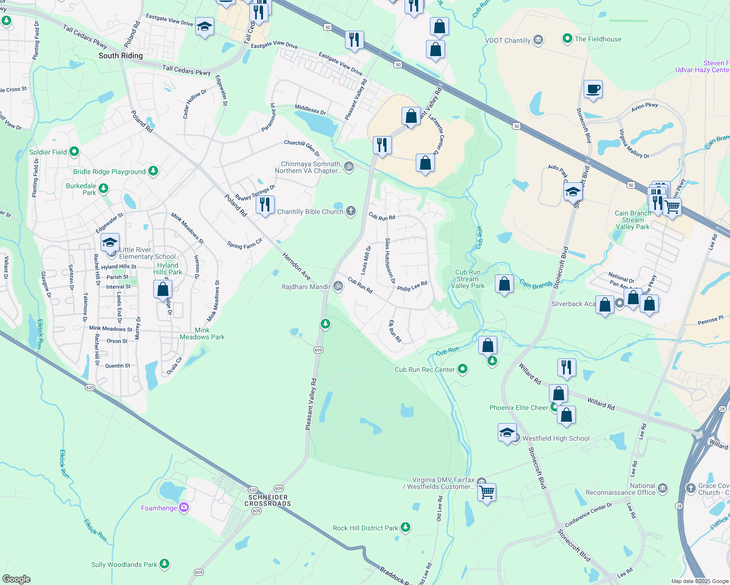 map of restaurants, bars, coffee shops, grocery stores, and more near 4513 Cub Run Road in Chantilly