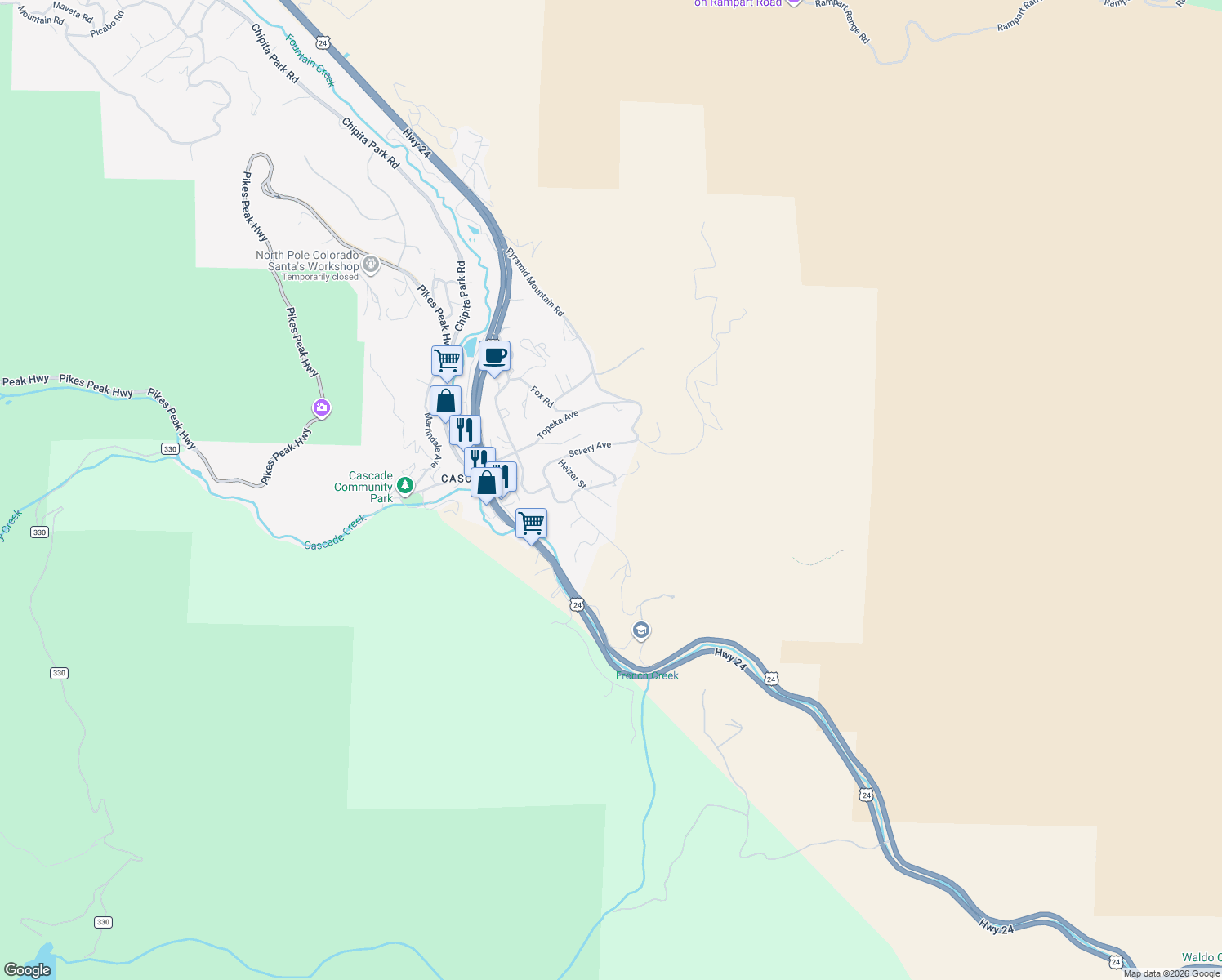 map of restaurants, bars, coffee shops, grocery stores, and more near 7765 Marriott Road in Cascade-Chipita Park