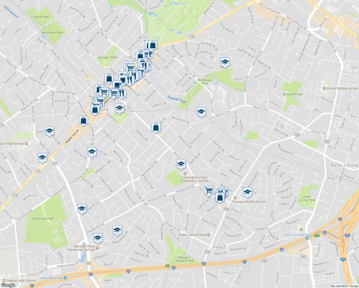 map of restaurants, bars, coffee shops, grocery stores, and more near 200 Prescott Circle Southeast in Vienna