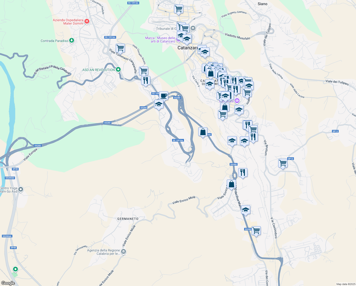 map of restaurants, bars, coffee shops, grocery stores, and more near Strada Statale 109bis in Catanzaro
