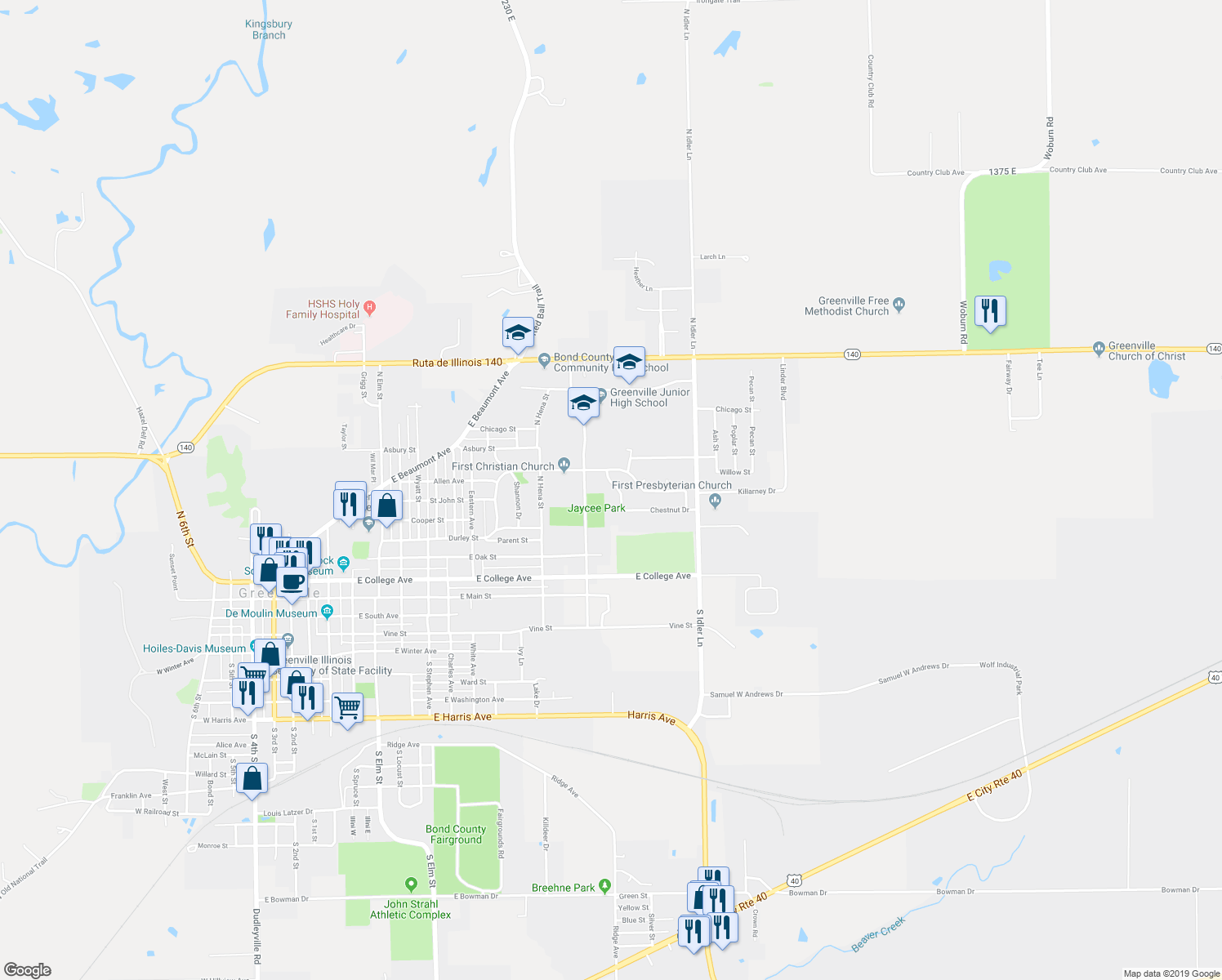 map of restaurants, bars, coffee shops, grocery stores, and more near 605 Maple Street in Greenville