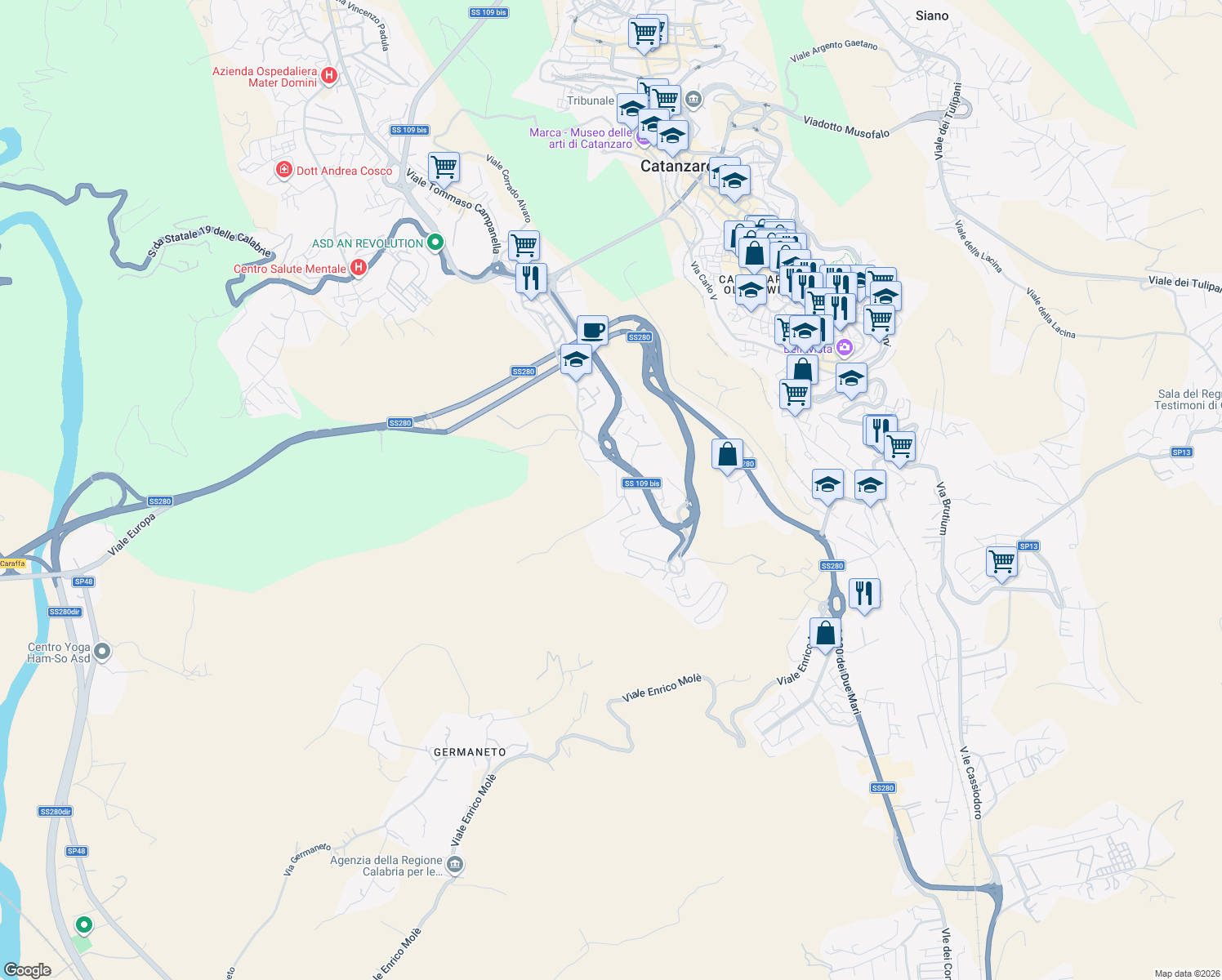 map of restaurants, bars, coffee shops, grocery stores, and more near 78 Via Paolo Orsi in Catanzaro