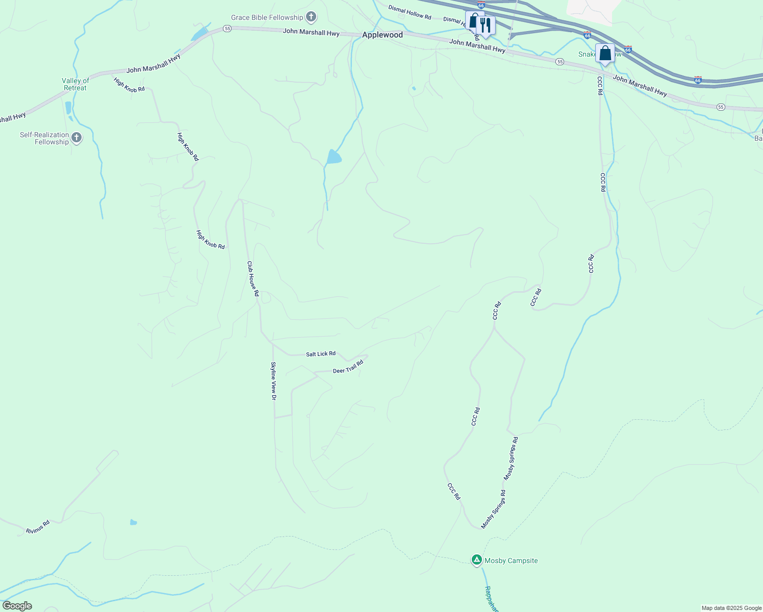 map of restaurants, bars, coffee shops, grocery stores, and more near 689 Windy Way in Front Royal