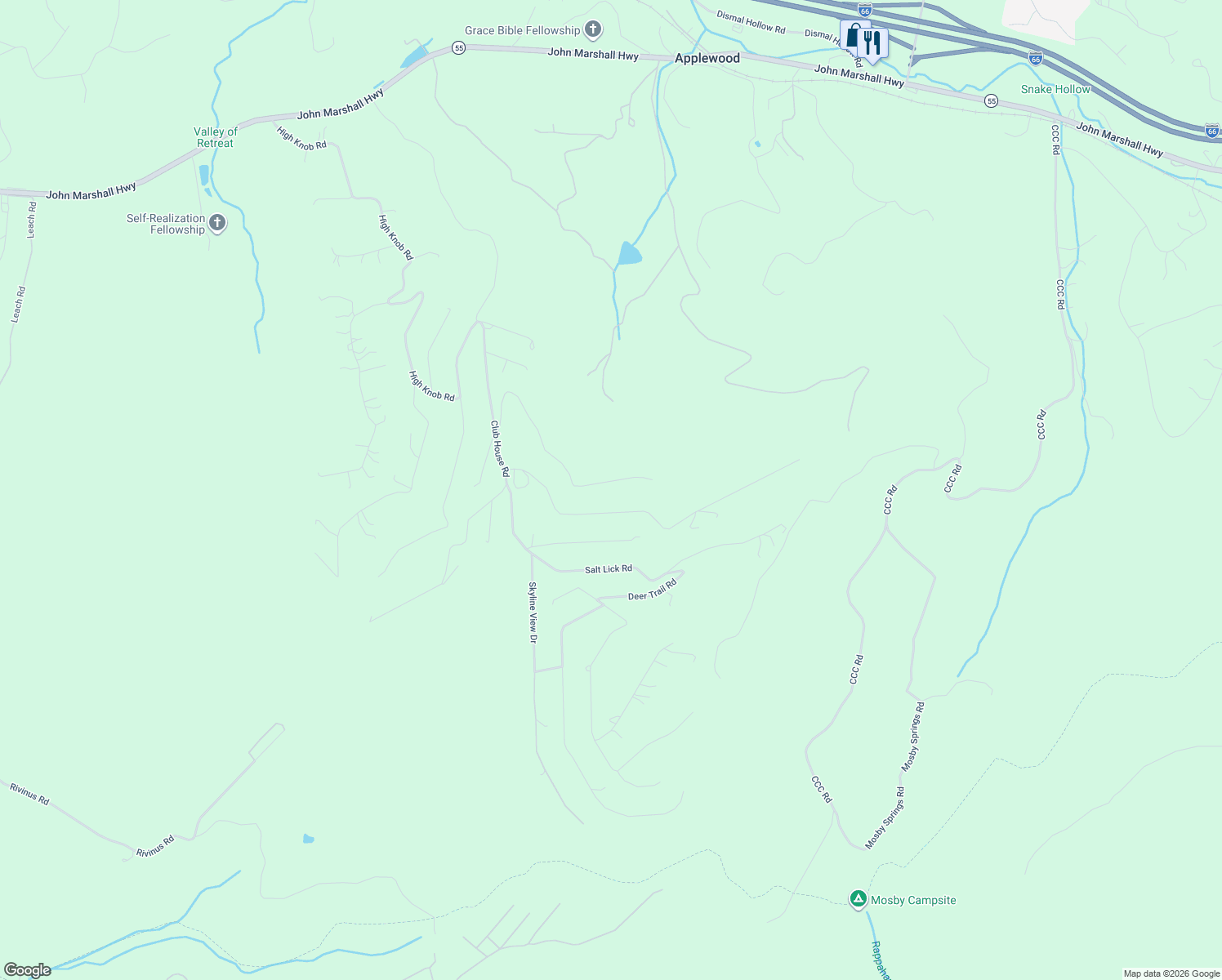 map of restaurants, bars, coffee shops, grocery stores, and more near 578 Split Rail Road in Front Royal