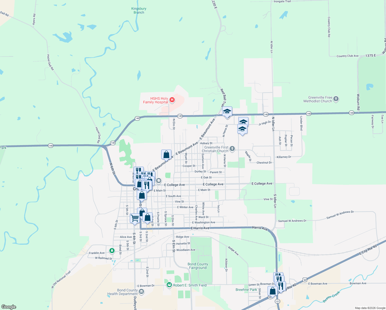 map of restaurants, bars, coffee shops, grocery stores, and more near 620 La Due Place in Greenville