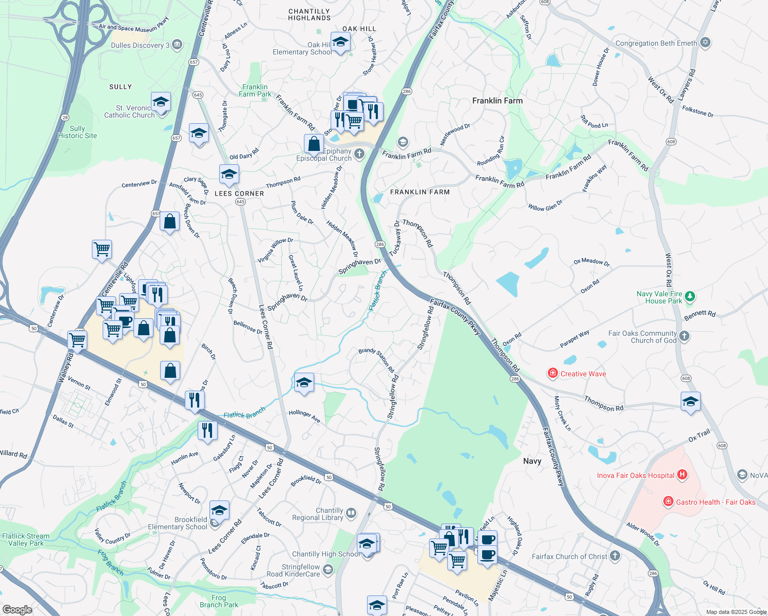 map of restaurants, bars, coffee shops, grocery stores, and more near 3511 Majestic Pine Lane in Fairfax