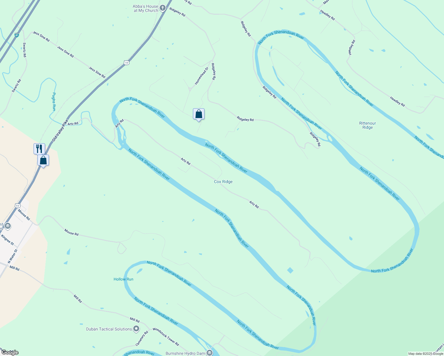 map of restaurants, bars, coffee shops, grocery stores, and more near 1587 Artz Road in Woodstock