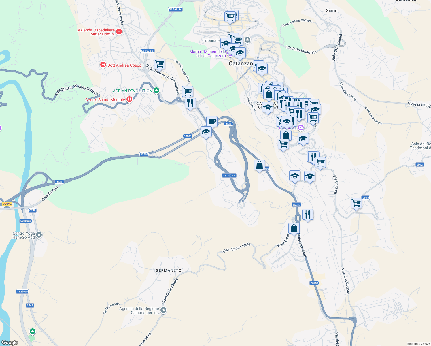 map of restaurants, bars, coffee shops, grocery stores, and more near 78 Via Paolo Orsi in Catanzaro