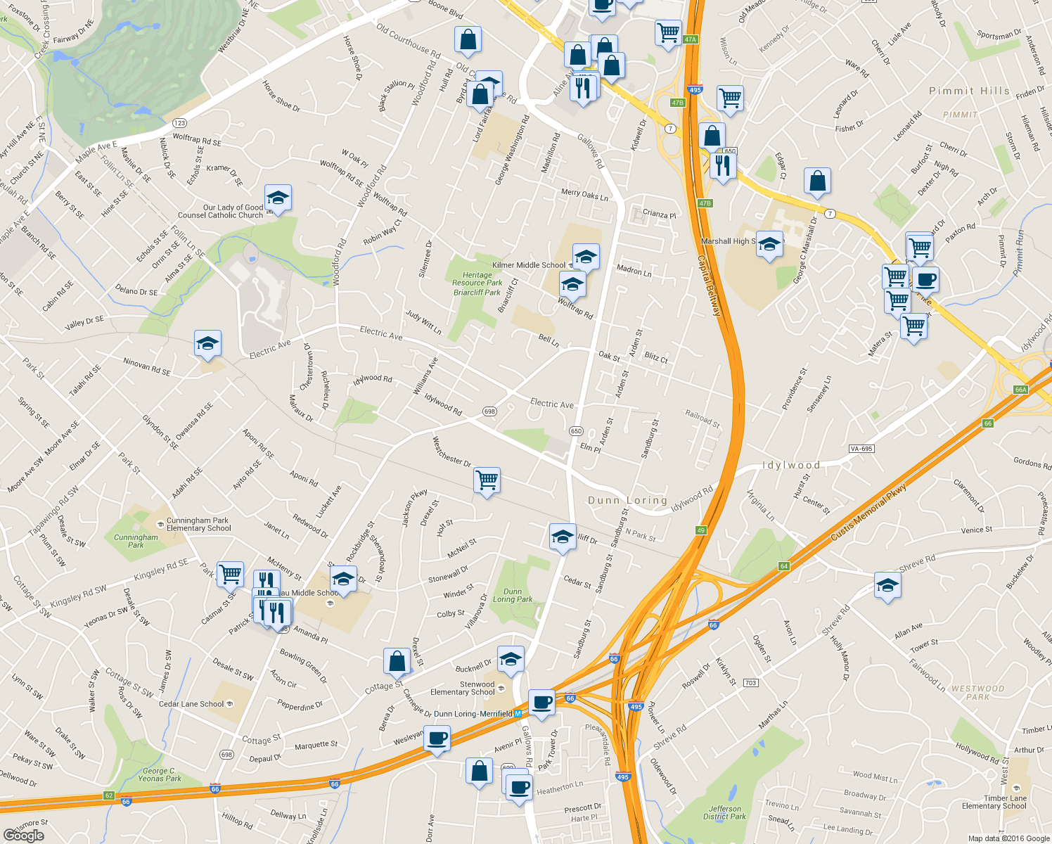 map of restaurants, bars, coffee shops, grocery stores, and more near 2324 Wheystone Court in Vienna