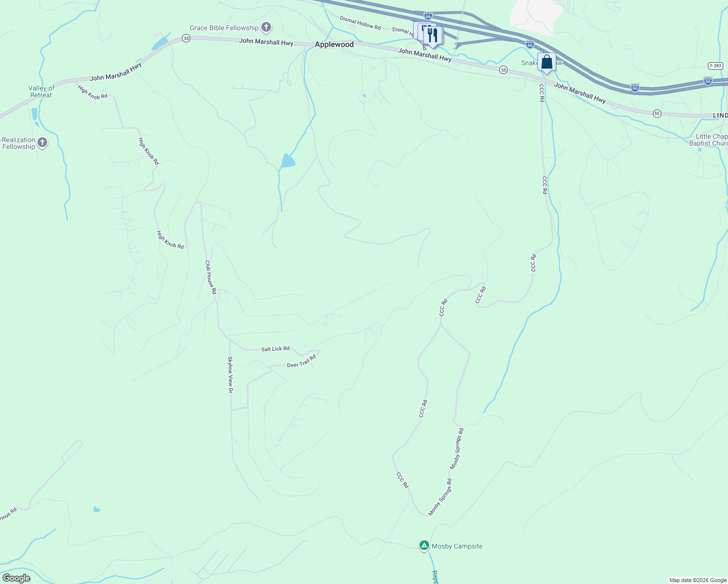 map of restaurants, bars, coffee shops, grocery stores, and more near 871 Windy Way in Front Royal