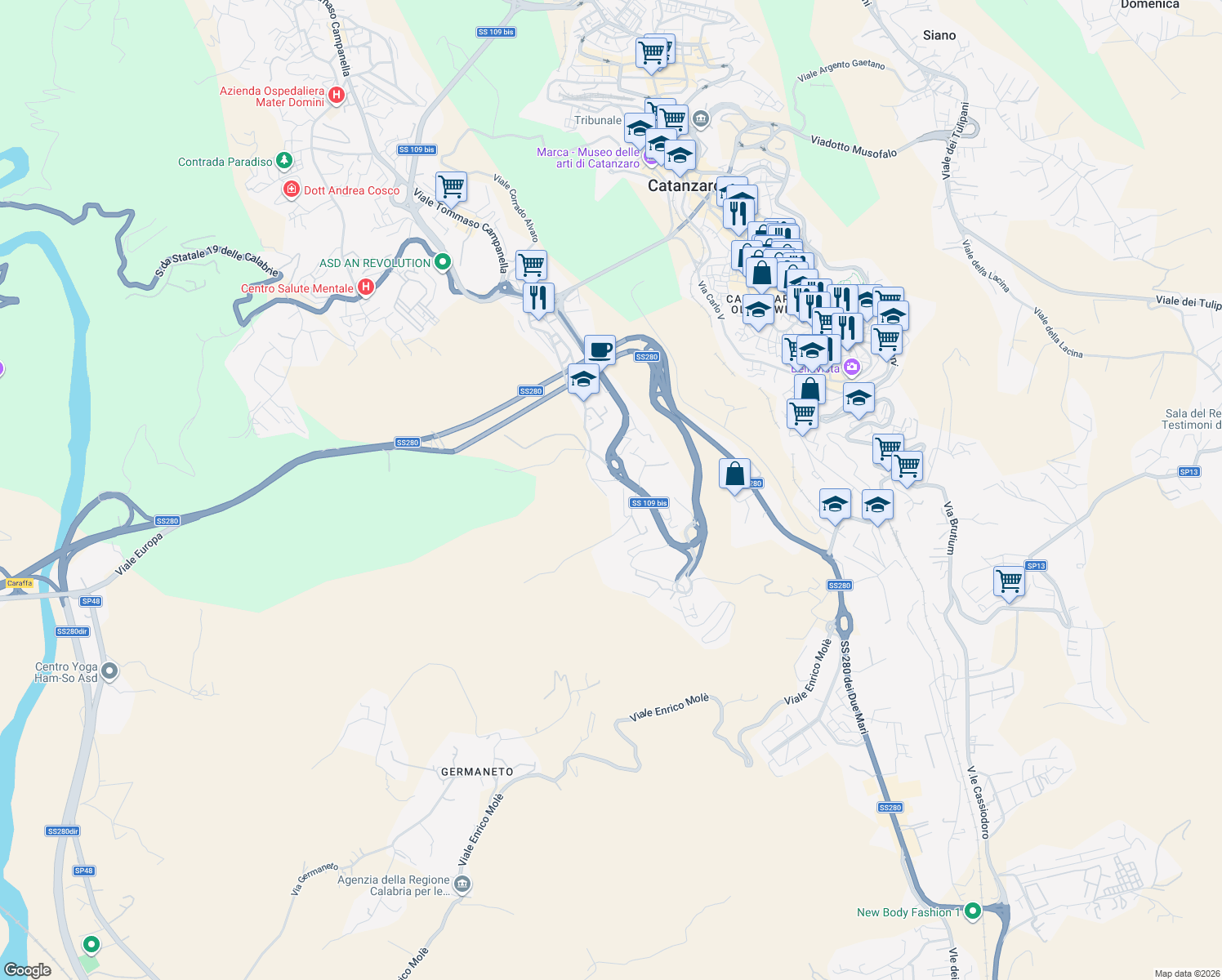 map of restaurants, bars, coffee shops, grocery stores, and more near 86 Viale Vincenzo de Filippis in Catanzaro
