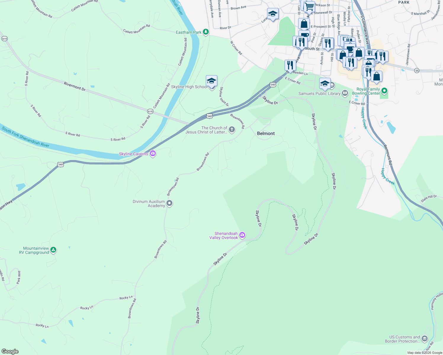 map of restaurants, bars, coffee shops, grocery stores, and more near 205 Park Ridge Court in Front Royal