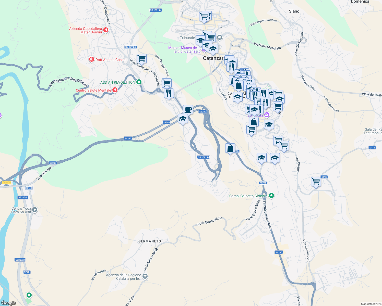 map of restaurants, bars, coffee shops, grocery stores, and more near 86 Viale Vincenzo de Filippis in Catanzaro